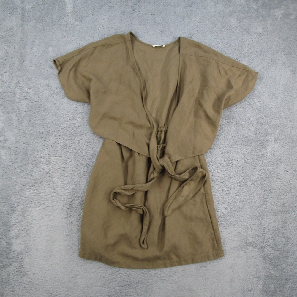 VETTA Capsule Women Olive Green Tencel Linen Wrap Tie Waist Mini Dress Medium